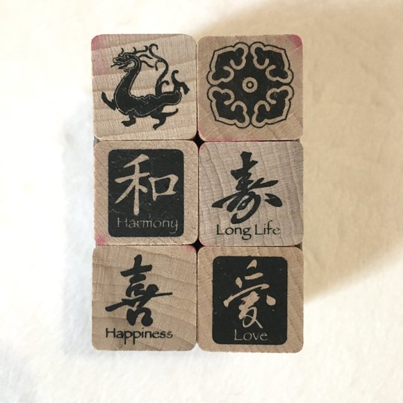 Vintage 90s Wooden Chinese Rubber Stamps + Inkpad + Box - Picture 3 of 15